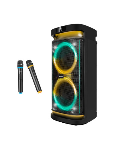 Altavoz rumbleboss phoenix 80w rms batería 4000 mah función karaoke 2 microfonos inalambricos incluidos