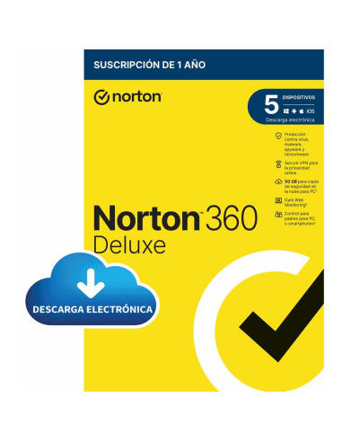 Antivirus norton 360 deluxe 50gb español 1 usuario 5 dispositivos 1 año esd electronica  drmkey gum