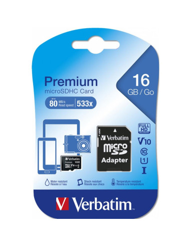 Tarjeta micro sd verbatim 16gb c10 u1 + adaptador