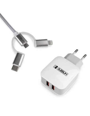 Cargador pared subblim 12w usb tipo a + cable 3 en 1