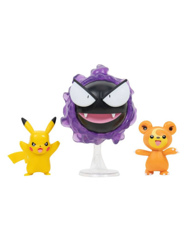 Pack de 3 figuras jazwares pokemon batalla teddiursa pikachu y gastly