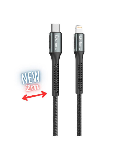 Cable qchar prague usb tipo c a lightning - 2m - aleacion de aluminio negro cordon de tela suave