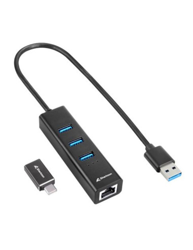 Hub usb sharkoon 3 x usb 3.2 gen 1 + rj45 aluminio negro + adaptador usb tipo c