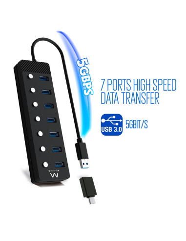 Hub ewent 7 puertos usb 3.0 + interruptor - usb tipo a + adaptador usb tipo c