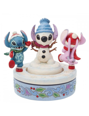 Figura decorativa enesco disney stitch y angel con muñeco de nieve rotativo