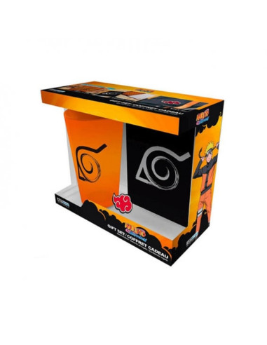 Pack especial abystyle naruto shippuden 3 articulos libreta konoha vaso largo xxl & pin akatsuki