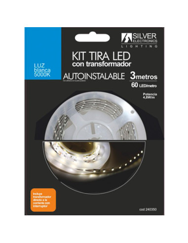 Kit tira led silver electronics 300 lm - m -  3m -  12v -  4.8w - m -  5000k -  luz blanca