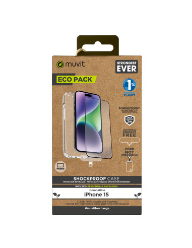 Funda muvit shockproof 2m para apple iphone 15 transparente + protector pantalla cristal templado marco negro