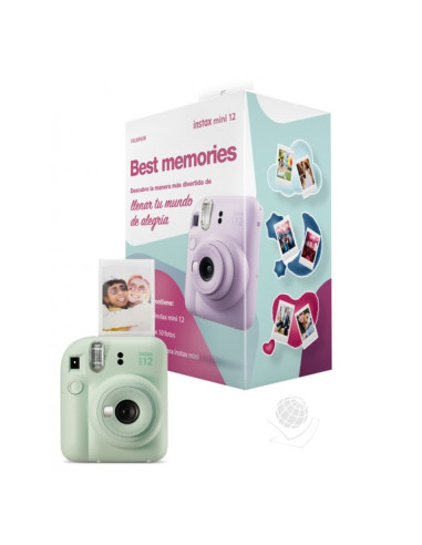 Kit camara fujifilm mini instax 12 color verde menta + papel 10 fotos + 3 portara retratos