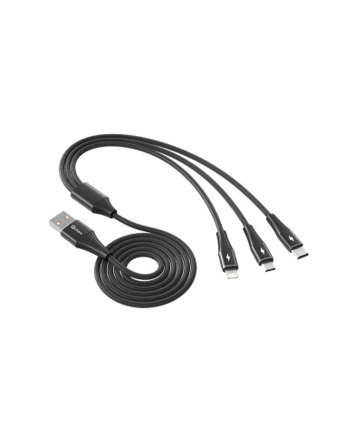 Cable triple qcharx napoli usb a lightning + tipo c + micro  3a - 1.2 m - aleación de aluminio negro cordon suave