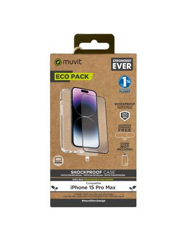 Funda muvit shockproof 2m para apple iphone 15 pro max transparente + protector pantalla cristal templado marco negro