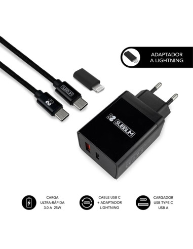 Cargador subblim 25w usb tipo a - usb tipo c + cable usb tipo c + adaptador lightning