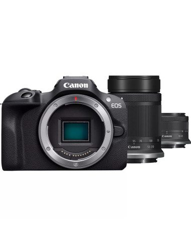 Camara reflex canon eos r100 + rf - s 18 -  45 is stm + rf - s 55 - 210 f5 - 7.1 is stm 24.1mpx negro