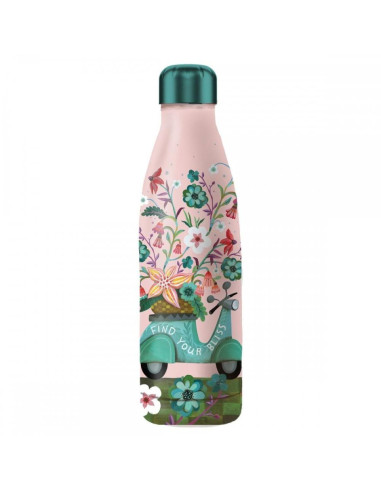 Botella isotermica enesco rosa estampado flores y moto