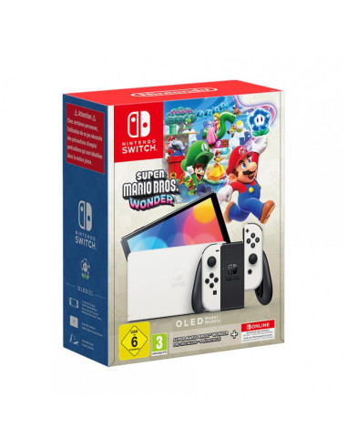 Consola nintendo switch oled blanca + super mario bros wonder + 12 meses nintendo switch online