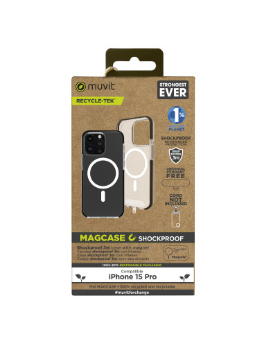 Funda muvit recycletek magsafe shockproof 3m para apple iphone 15 pro transparente - negra